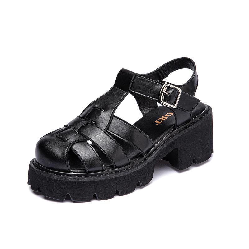 Leather Baotou Roman Sandals Women's High Heel 2025 New Platform Muffin Shoes Summer Hollow Heel Pig Cage Shoes