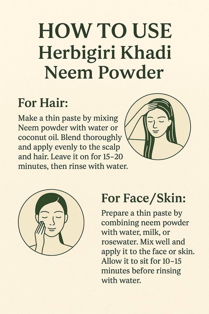 Herbigiri Khadi Neem-Pulver für Gesichtsmasken (100 Gramm), Haut & Haare | Gegen Pickel, Antibakteriell, Bekämpft Schuppen | 100% Rein und Natürlich | Keine Chemikalien