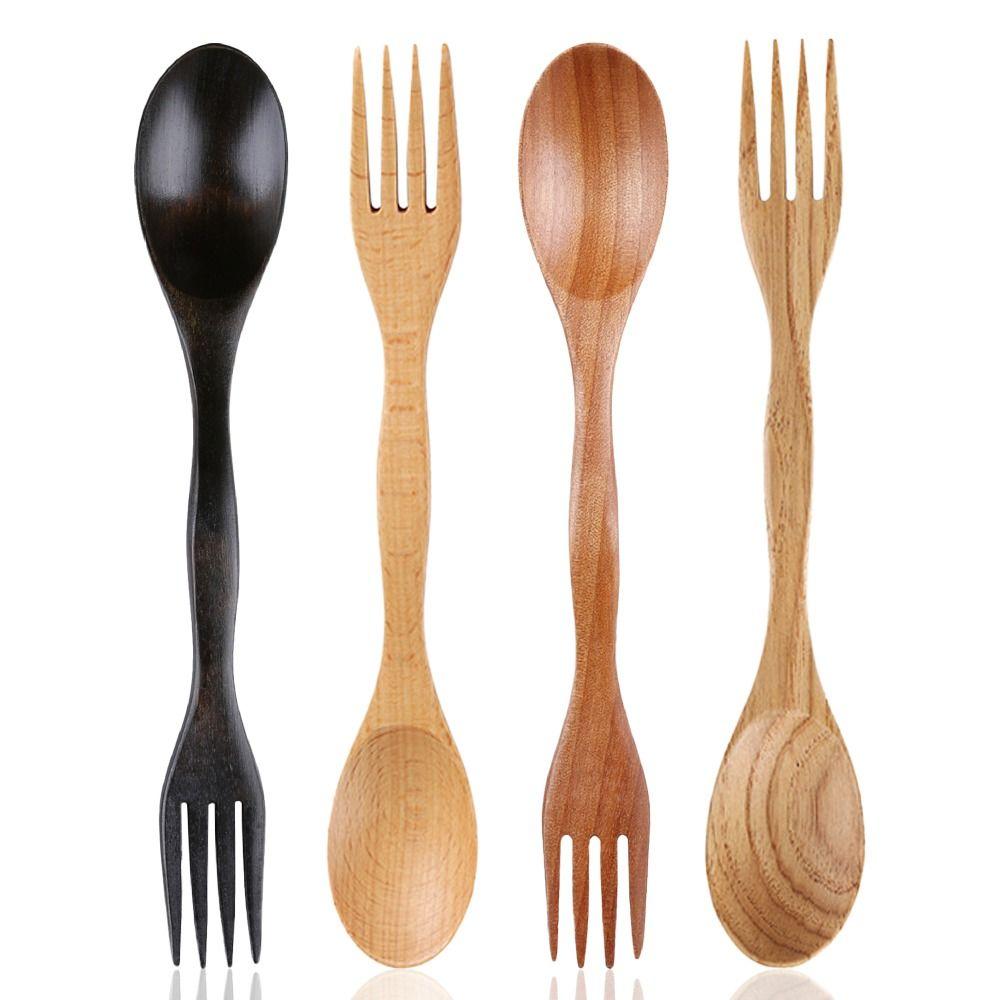 1PC 2 in1 Dual Head Soup Spoon Fork Natural Wood Cutlery Dinner Tableware Set DIY Home Kitchen Accessories Flatware