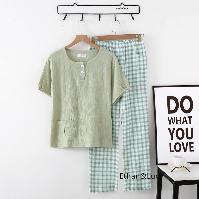 Gauze Soft and Short Cute Sleepwear Light Women's Spring/Summer Pajamas, 100% Cotton, Comfortable, Sleeve, Set, Breathable, Cool, Moisture-Wicking,