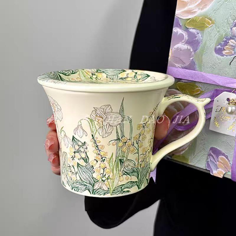 

Vintage hand-painted cartoon flower large capacity mug ceramic cup coffee cup water cup souvenir breakfast cup 460ml