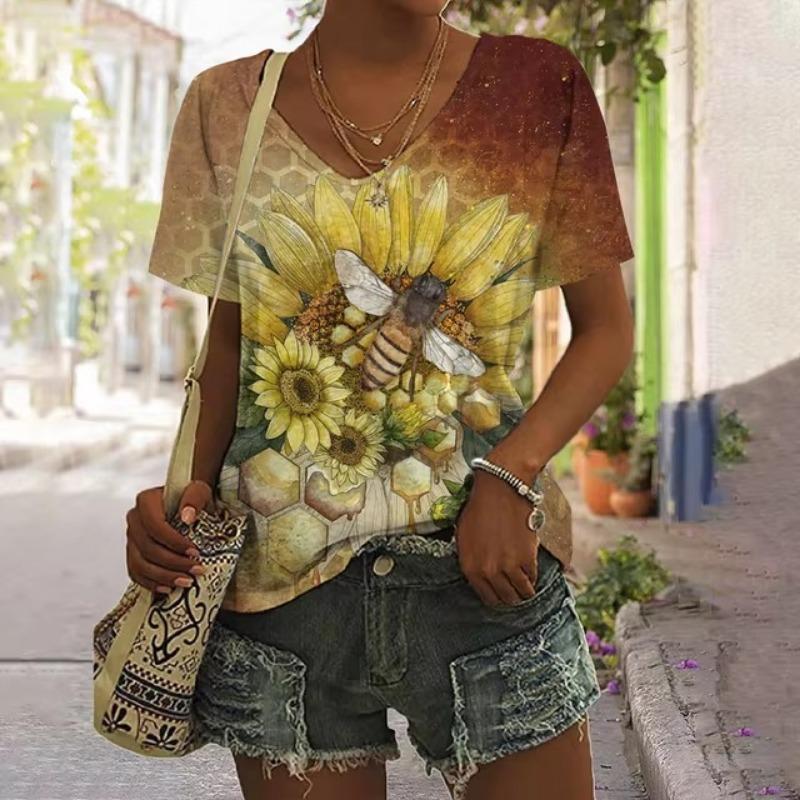 3D Print Women's T-shirt Bee Graphic Harajuku Clothing Female Casual Streetwear Summer V-Neck Oversized Short Sleeve Shirt