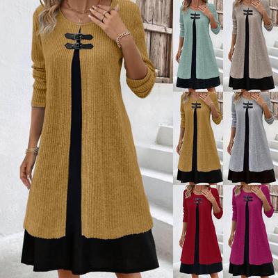 Damen Winterpulloverkleid Rundhals Langarm Kleid Mode Gestrickte Straßenkleider