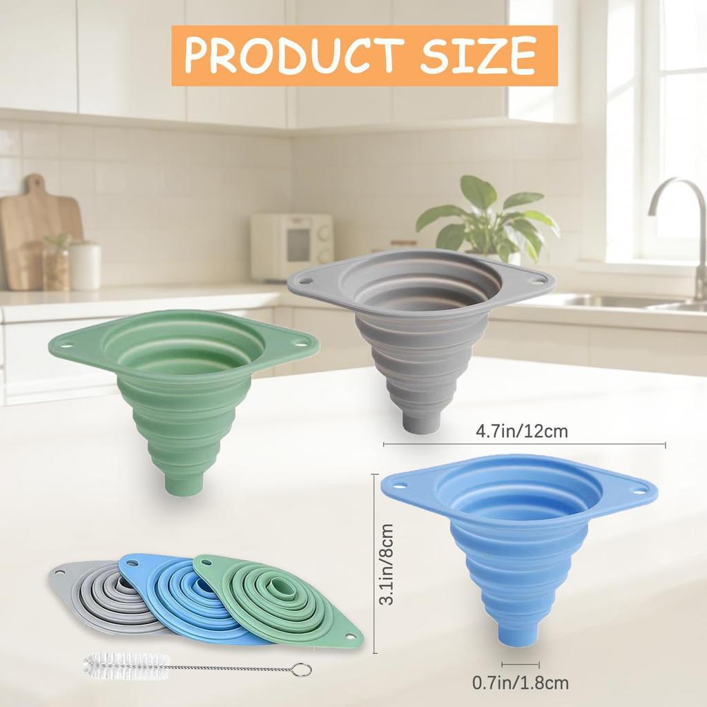 Kitchen Funnel Set 3 Pack, Collapsible Silicone Funnel for Kitchen Use, Small Funnels for Filling Bottle, Transfer Liquid, Oil and Powder, Food Grade
