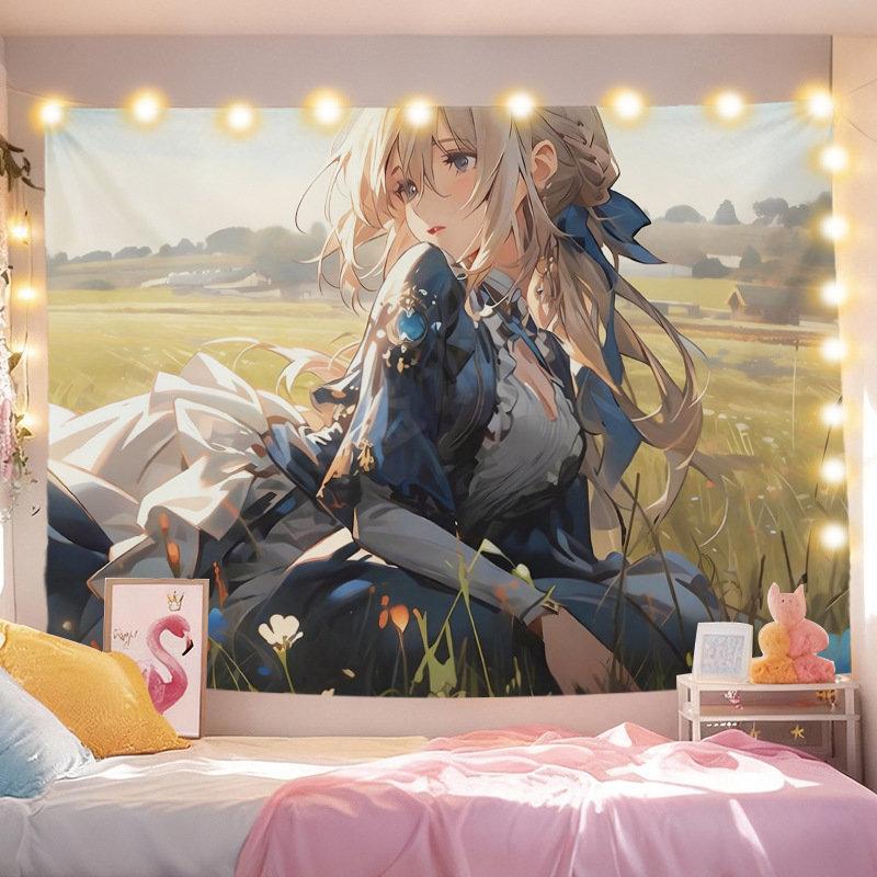 Blonde Anime Girl Meadow Suitcase Tapestry Wall Hanging Green Spring Flower Aesthetic Wall Art Otaku Dorm Bedroom Decor