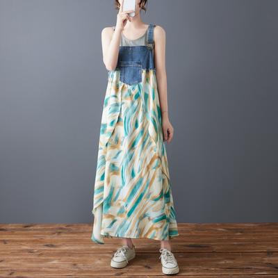 2025 Summer Dress New Lotus Leaf Edge Loose Chiffon Denim Strap Skirt Women's Design Sense Printing Medium and Long Dress