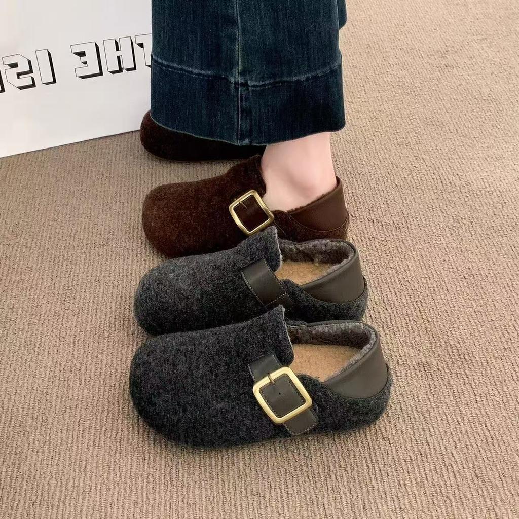 Retro inner height increase two wear Birkenstocks new autumn and winter woolen lazy thick-soled velvet cotton shoes