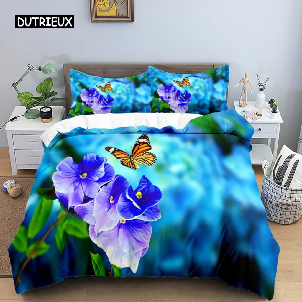 Schmetterling Bettwäsche-Set, 3D Blumen Bettbezug, Bettdeckenbezug mit Reißverschluss Queen Doppel Bettdecken-Set Kind Mädchen Weihnachtsgeschenk