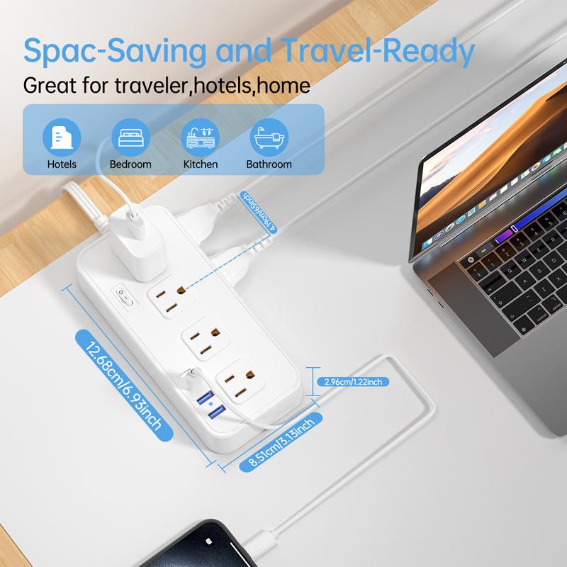 8 Holes Ac Outlet Us Plug Power Strip with 2 Usb Ports 2 Type C Fast Charge 5Ft Extra-Long Extension Cord Socket for Home Office