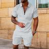 2 szt./zestaw Męski zestaw koszula i spodenki Zamek przy dekolcie Klapy Jednolity kolor Krótki rękaw