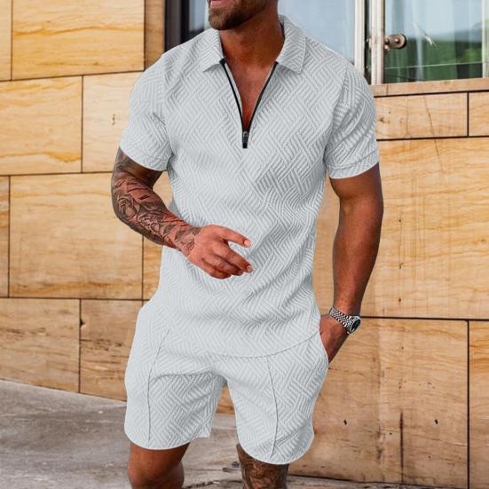 2 Pcs/Set Men Shirt Shorts Set Zip Neckline Lapel Solid Color Short Sleeves