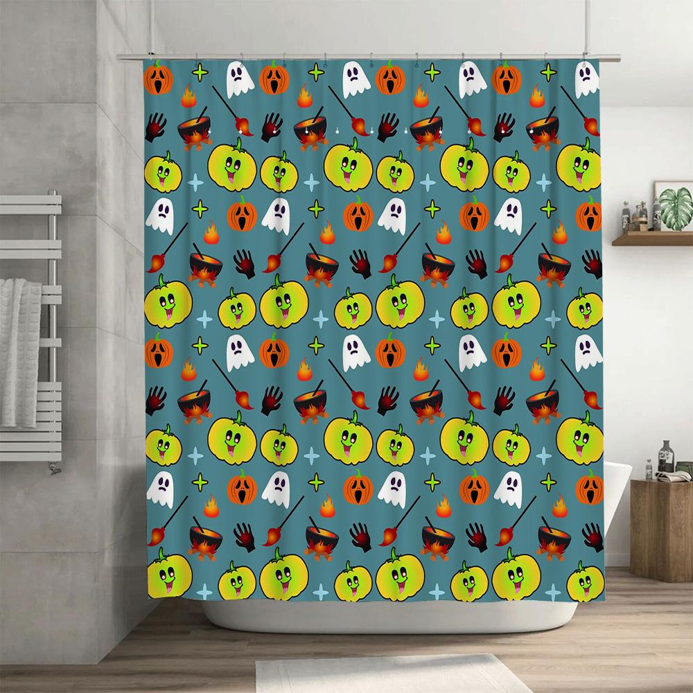 Halloween-Themed Shower Curtain With Colorful Pumpkins, Ghosts, Witches Hats Brooms On Teal Background For Bathroom Decoration W