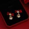 Christmas Diamond-Encrusted Snowflake Bell Pearl Stud Earrings, Light Luxury Design Red Bow New Year'S Earrings