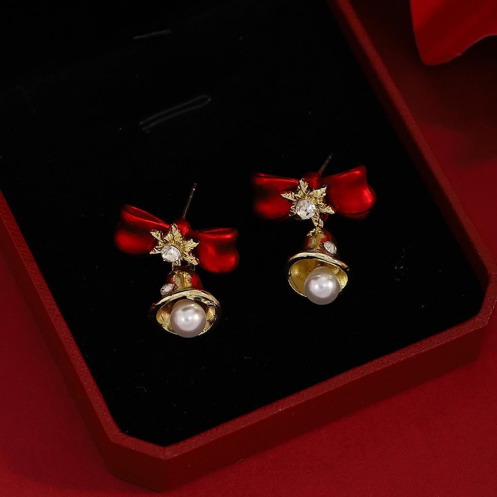 Christmas Diamond-Encrusted Snowflake Bell Pearl Stud Earrings, Light Luxury Design Red Bow New Year'S Earrings