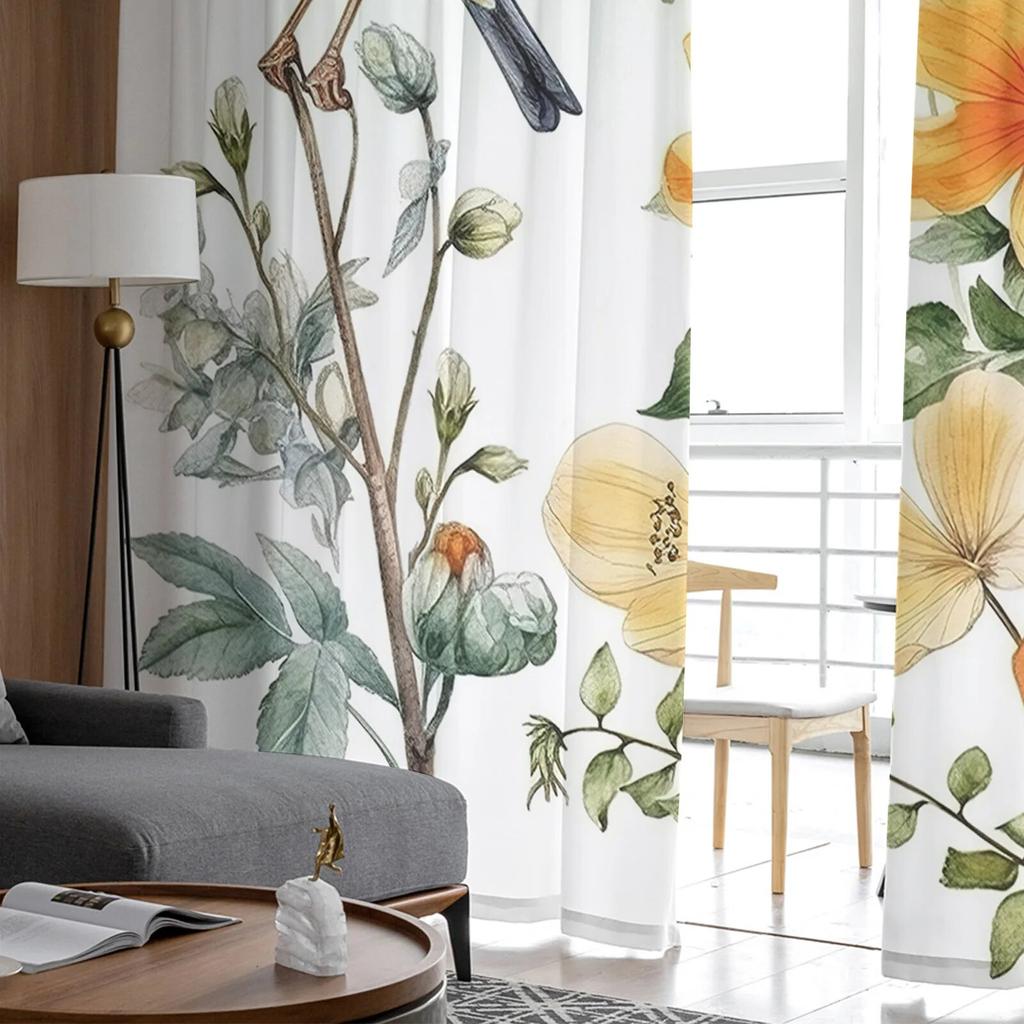 Bird Flowers Leaves Branches Nostalgic Bedroom Transparent Sheer Curtains Holiday Decoration Window Voile Tulle Curtain
