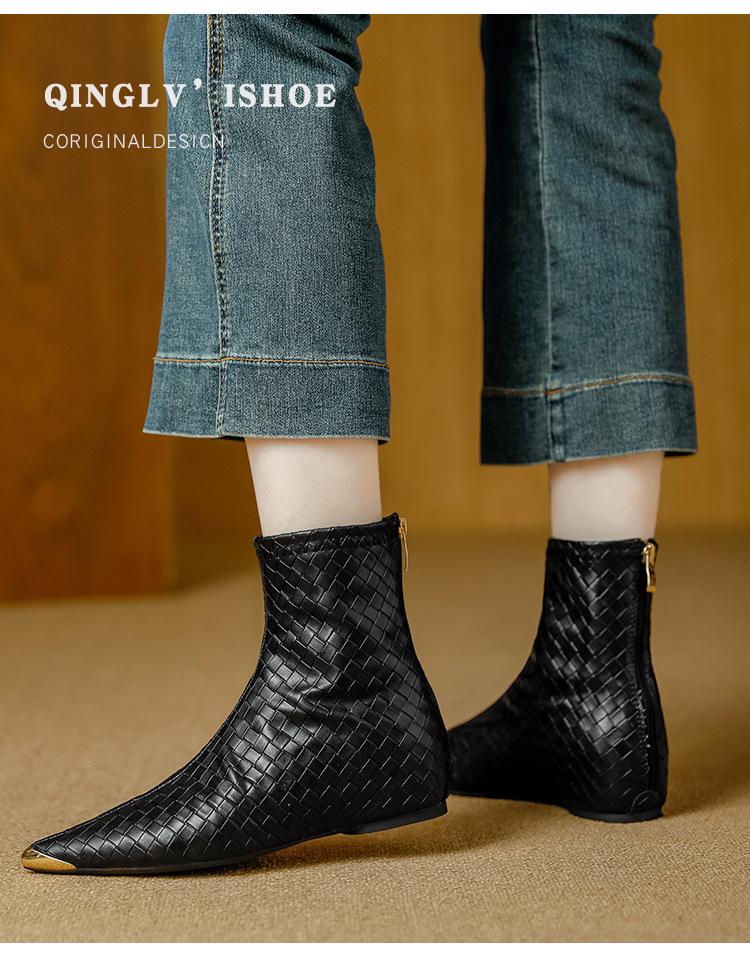 Women's Retro Pointed Toe Ankle Boots - Woven, Slimming Design & Inner Lift for 2025 Autumn/Winter Collection.