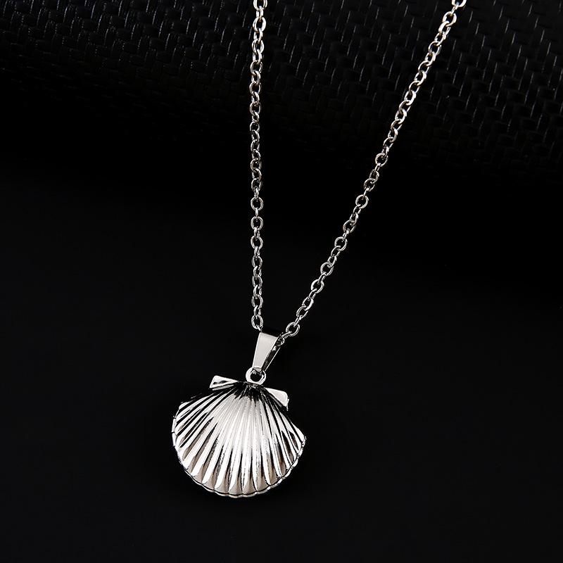 Shell Style Photo Box Pendant Necklace with Cross Mirror Stainless Steel Polished Surface on Flat Chain
