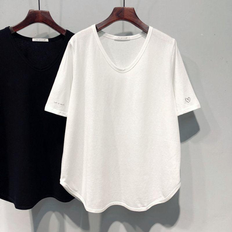 

Plus size 120.00kg Chubby Girl Irregular Hem V-neck Solid Short sleeve T-shirt Women Summer Loose Slimming Half Sleeve Shirt White 2XL (Recommended 80kg-100kg)