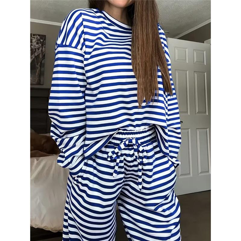 Women's 2Pcs Striped Casual Tracksuit Loose Long Sleeve Top + Wide Leg Pants Set