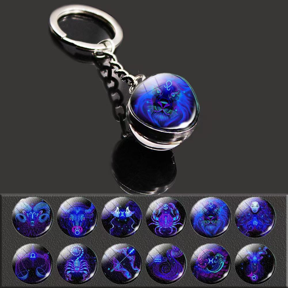 Luminous Scorpio Virgo Crystal Keychain: Double-Sided Glass Pendant Metal Keyring