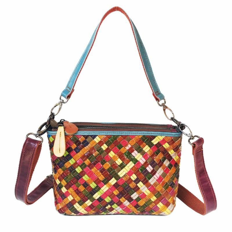 Vintage Genuine Leather Woven Handbag Women Crossbody Shoulder Bag Multicolor Medium Size