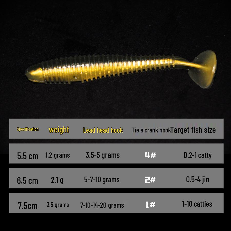 T-Tail Soft Bait Lure: Artificial Worm with Lead Head Hook for Long Cast Bass Fishing, Drop Shot T-Tail Design.