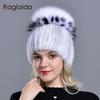 Women's Hat Fashionable Winter Pompom Mink Fur Hats Female Warm Thick Stylish Girl Hat with Real Fur Elegant Knitted Fox Caps