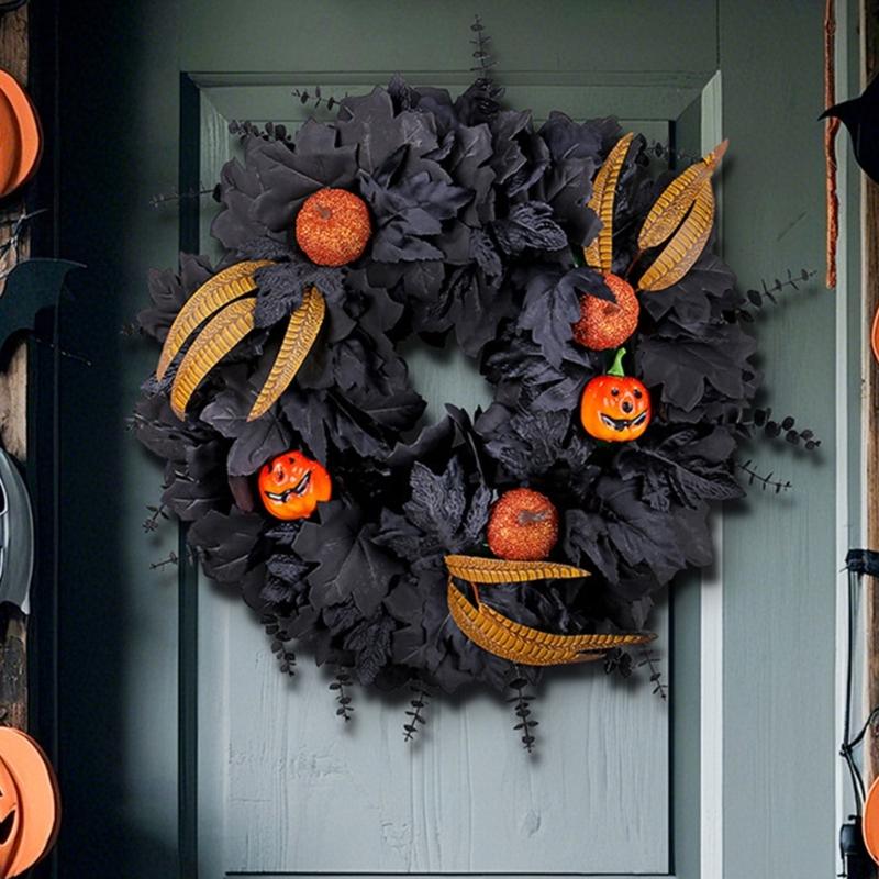 Eerie Season Artificial Black Maple Leaf And Pumpkins Wreath Weather Proof Halloween Door Hanger For Indoor Outdoor Use