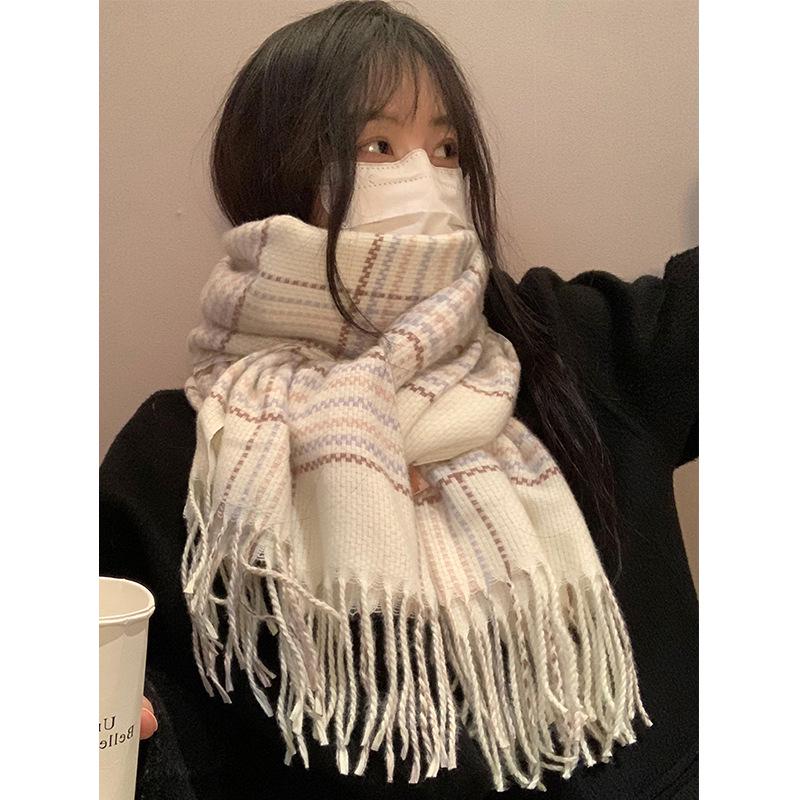 Women s Winter White Plaid Faux Cashmere Scarf: Thick, Warm, Korean-Style Shawl