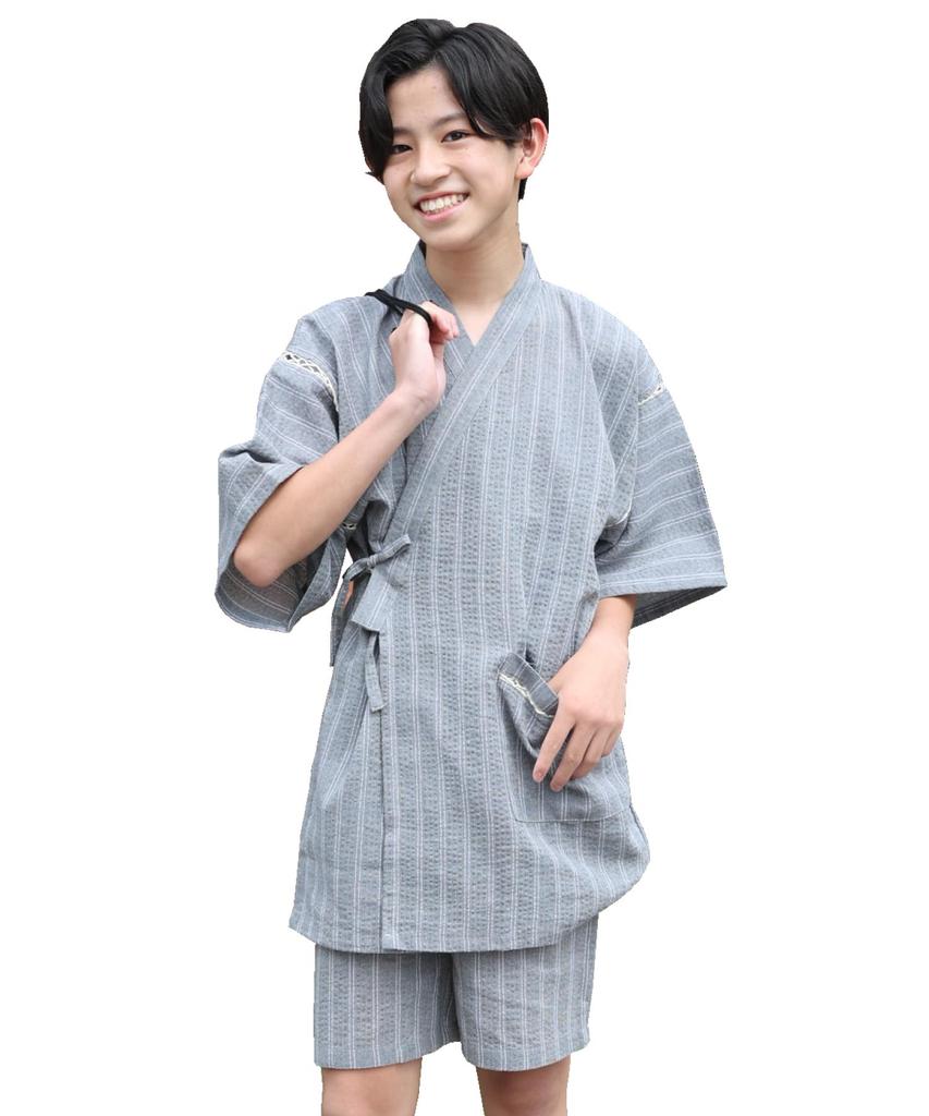 NISHIKI 0813-9 Boys' Jinbei Shijira-ori Top and Bottom Set 100% Cotton Cool Japanese Loungewear Roomwear Gray Stripe 150cm