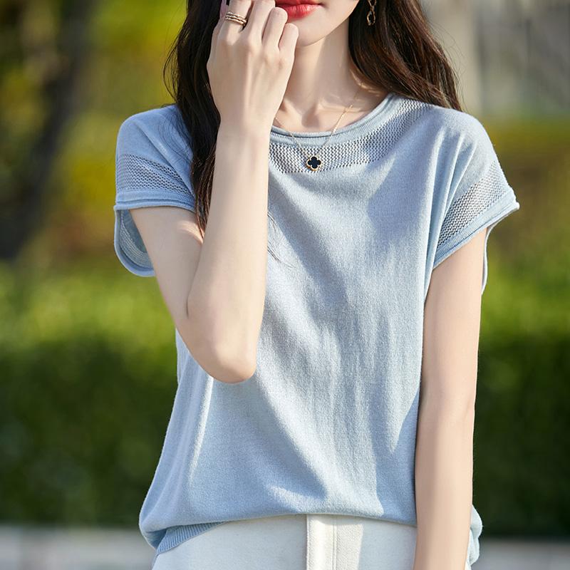 Dámský vlněný pulovr s krátkým rukávem kašmír Qinghe 50% hedvábí 50% vlna jaro a léto vlněná bezrukávová vesta měkká a pohodlná