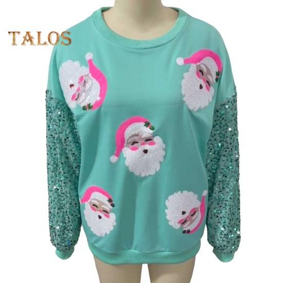 Weihnachts-Sweatshirt für Damen, Pailletten, Cartoon-Muster, Rundhalsausschnitt, lange Ärmel, lockerer Pullover in mittlerer Länge, Party, Urlaub, Top