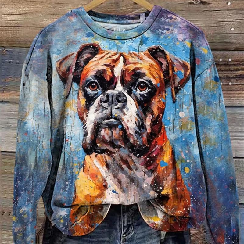 

PLstar Cosmos 3D Printed Animal Series Cute Color Dog Pattern Printed Womens Round Gown Long Sleeve Casual Top New D-6 L