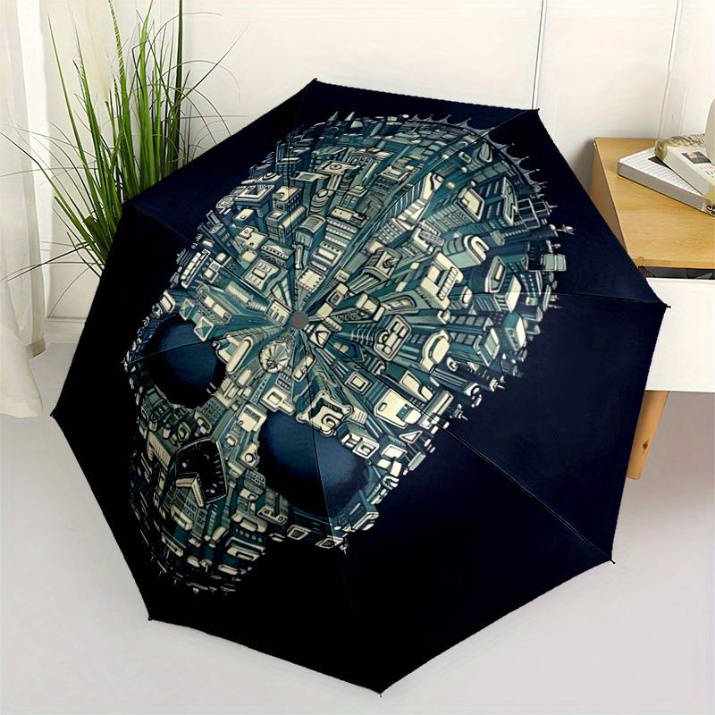 1pc Skull Cityscape Auto Open/close, All-Season Portable Folding Umbrella for Women & Men, Travel, Everyday, Formal Events - Compact Luxury Parasol, O