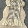 Autumn Winter Women Casual V-neck Three Quarter Sleeve Striped Knitted Sweater Long Midi Fishtail Dresses