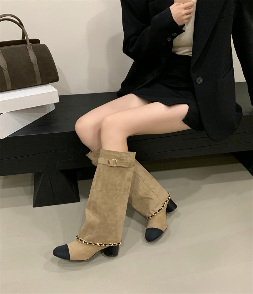 

Грубый каблук Французский маленький ароматный стиль, но ботфорты женские сапоги 2025 новые высокие брюки рыцарские сапоги 39 хаки