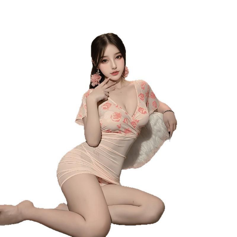 Sex underwear sexy perspective deep V floral rose light yarn hip skirt pure desire backless uniform