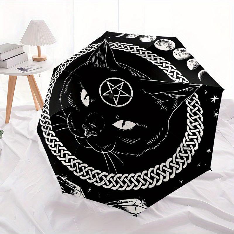 Schwarze Katze Pentagramm Mondphase Keltischer Knoten Kristall Aufkleber Regenschirm, Niedlicher Regenschirm mit Niedlichem Design, Tragbarer 3-fach Kompaktregenschirm für Damen & Herren,