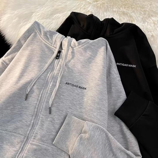 Męska Bluza z Kapturem Jesień Zima Sznurek Luźny z Kapturem Zapinana na Zamek Kardigan Okrycie Wierzchnie z