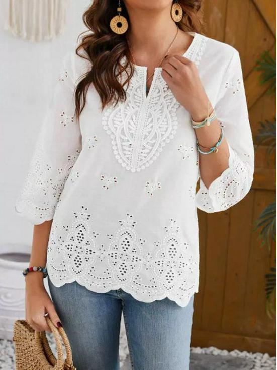 European-American Fashion Lace Trim V-Neck Three-Quarter Sleeve Shirt - Spring/Summer Collection