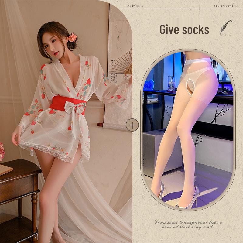 Women's Summer Sakura Kimono: Ice Silk V-neck Onsen Bathrobe & Sexy Print Nightgown