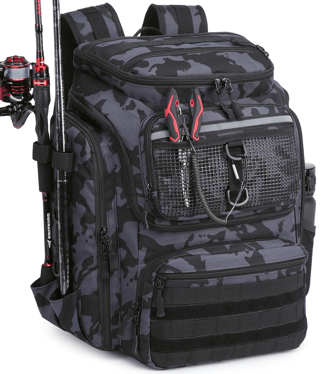 

Fishing Backpack with Rod Holders - 45L Large Waterproof Fishing Bag for Outdoor Camping and Hiking (Black Blue Camouflage)