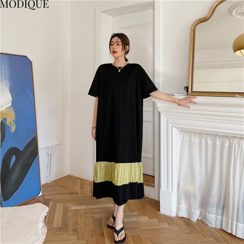 MODIQUE Sommer Plus Size Neue Damen Lose Minimalistische Streifen Plissee Patchwork Lange Kleider Weibliche Casual Kurzarm O-Ausschnitt Kleider