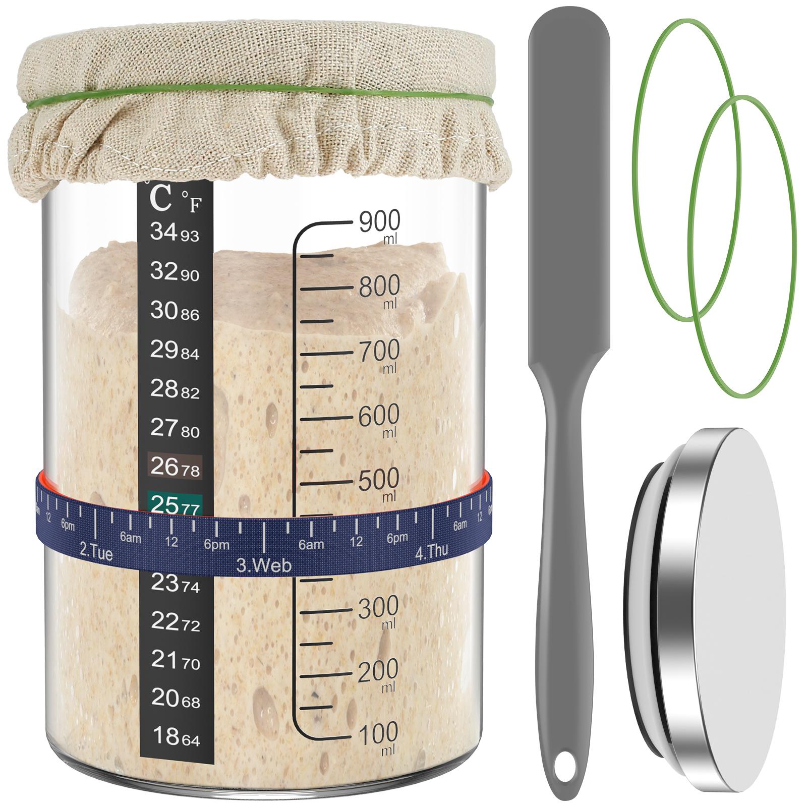 

Sourdough Starter Jar Kit 900ml Dough Fermentation Container Wide Mouth Clear Glass Jar for Kitchen Baking Food Storage Tank