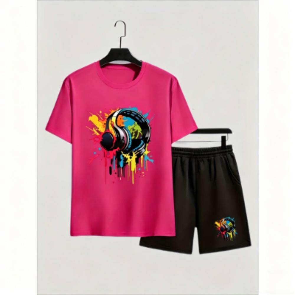 Fashion Men's T-shirt Shorts Set Color Headphones Printed Short Sleeve Tops Shorts 2pcs Summer Men Women's Outdoor Casual T-shirt Sets