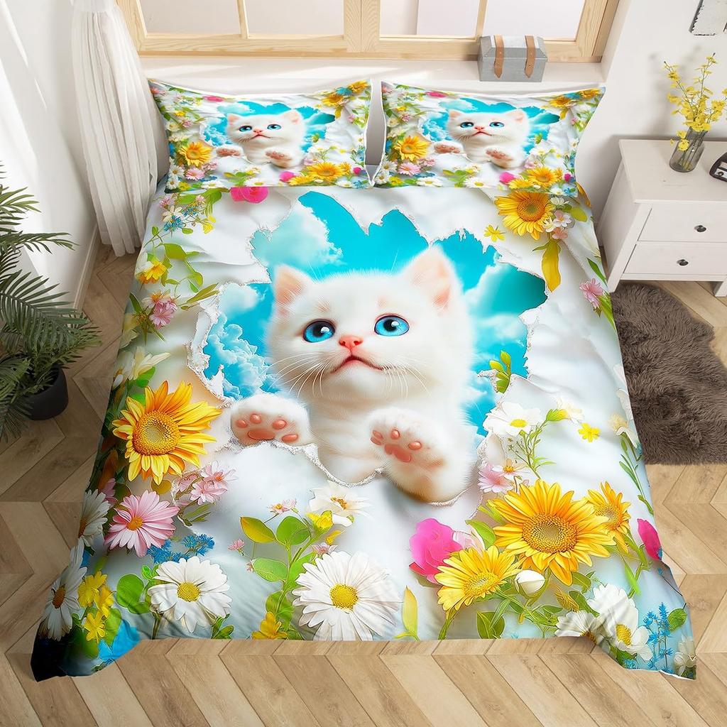 Cat and Flowers Duvet Cover Queen King Size Lightweight Quilt Cover with 2 Pillowcases Spring Animal Themed Bedding Set No Quilt