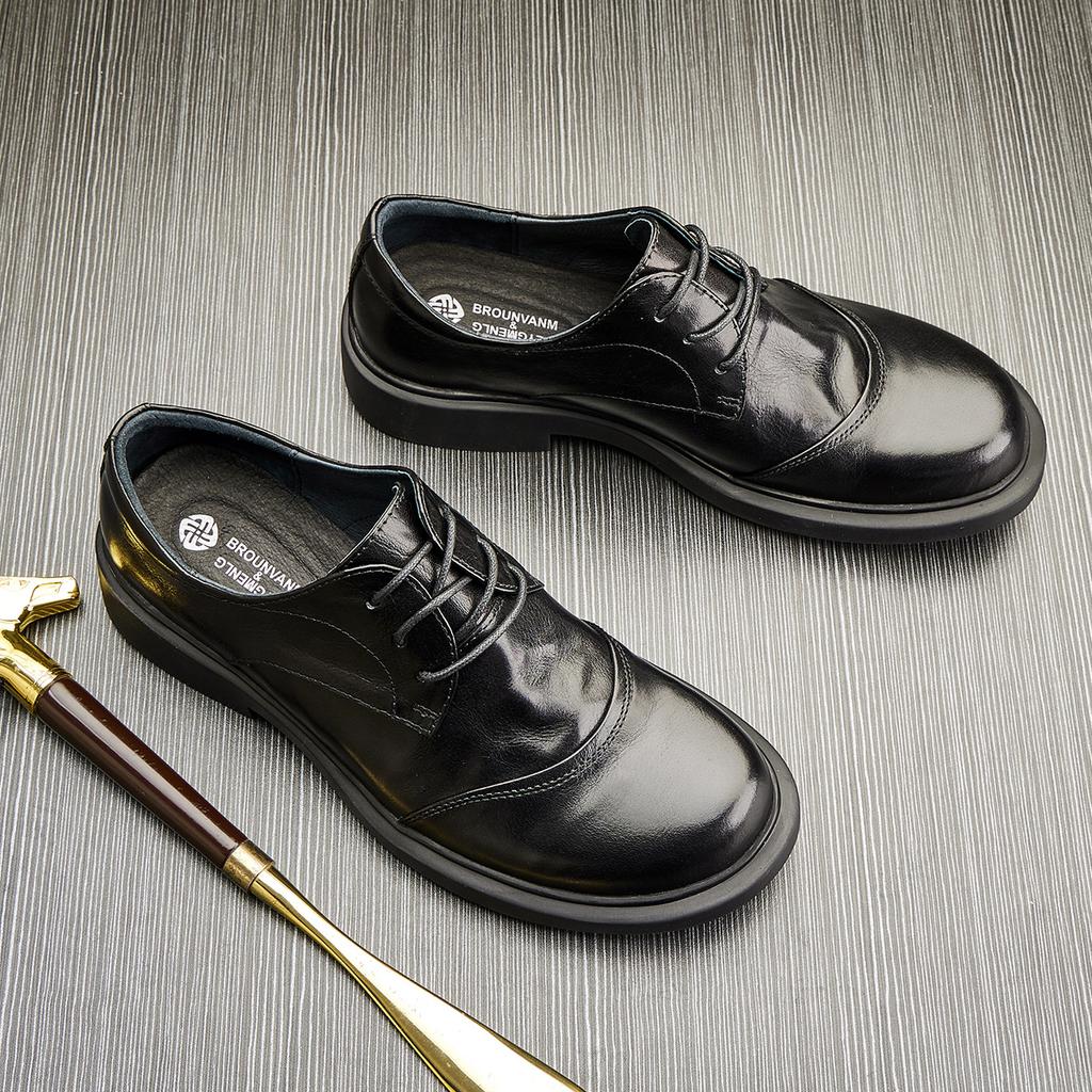 Men'S Leather Low-Top Leather Shoes Round Head Platform Soft Leather Lace-Up Casual Business Shoes Trendy Versatile Small Leather Shoes