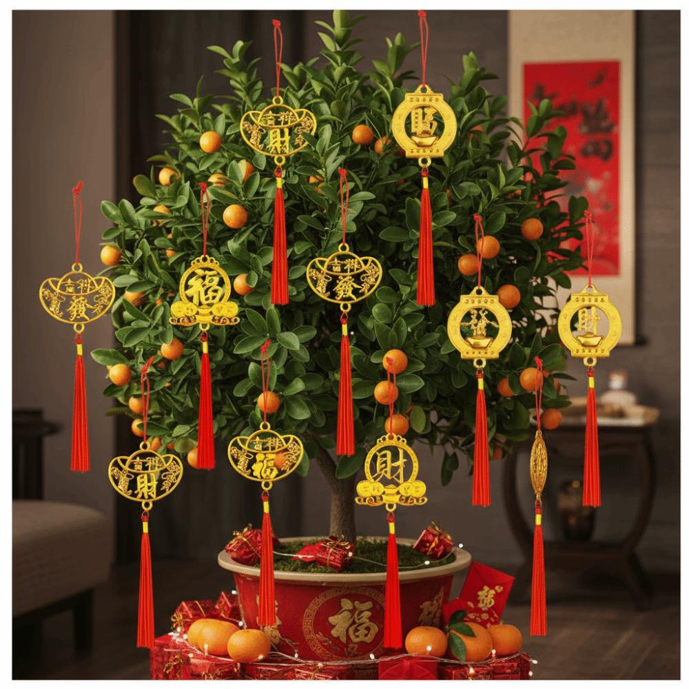 6/10Pcs Gold Chinese New Year Pendant Good Luck Wealth Spring Festival Bonsai Pendant with Tassel Waterproof