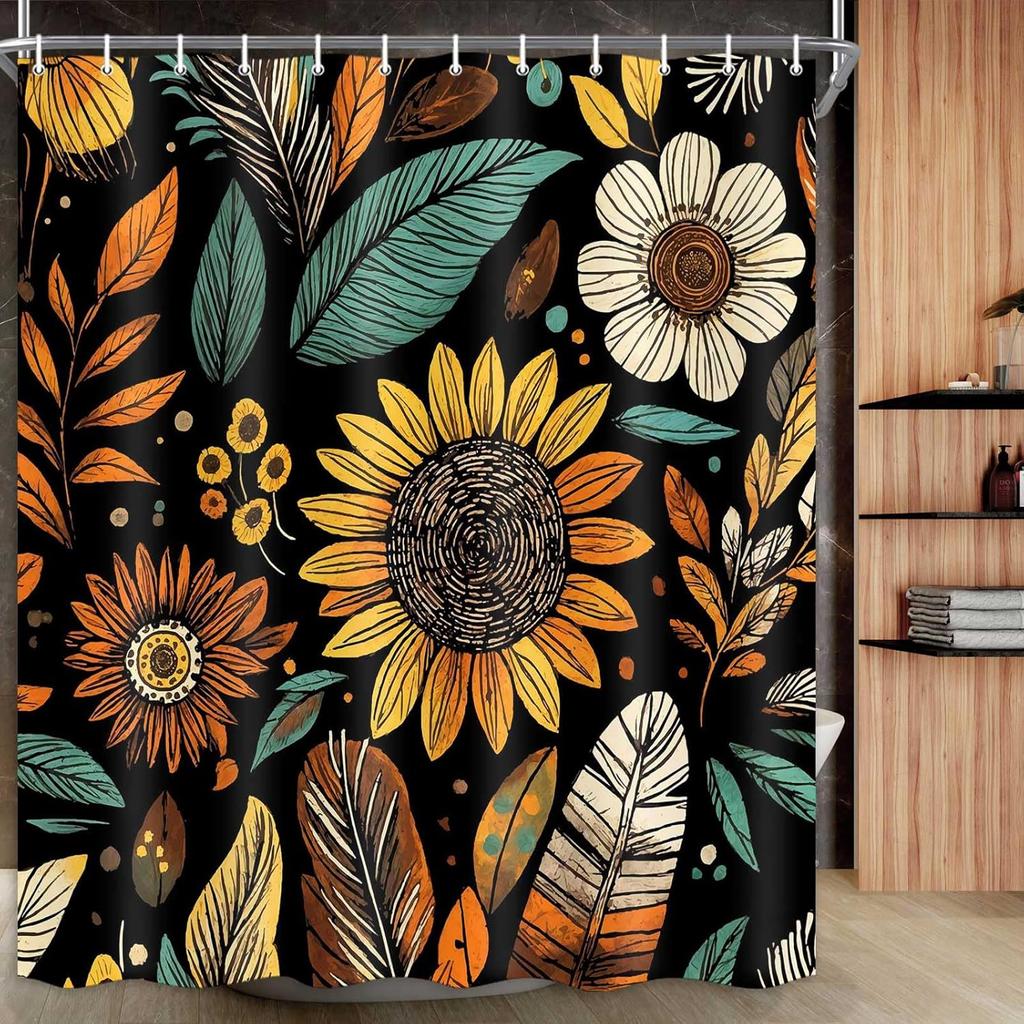 Floral Shower Curtain for Bathroom,Vintage Floral Shower Curtain Set Orange Flower Plants Bathroom Curtains Decor,Waterproof