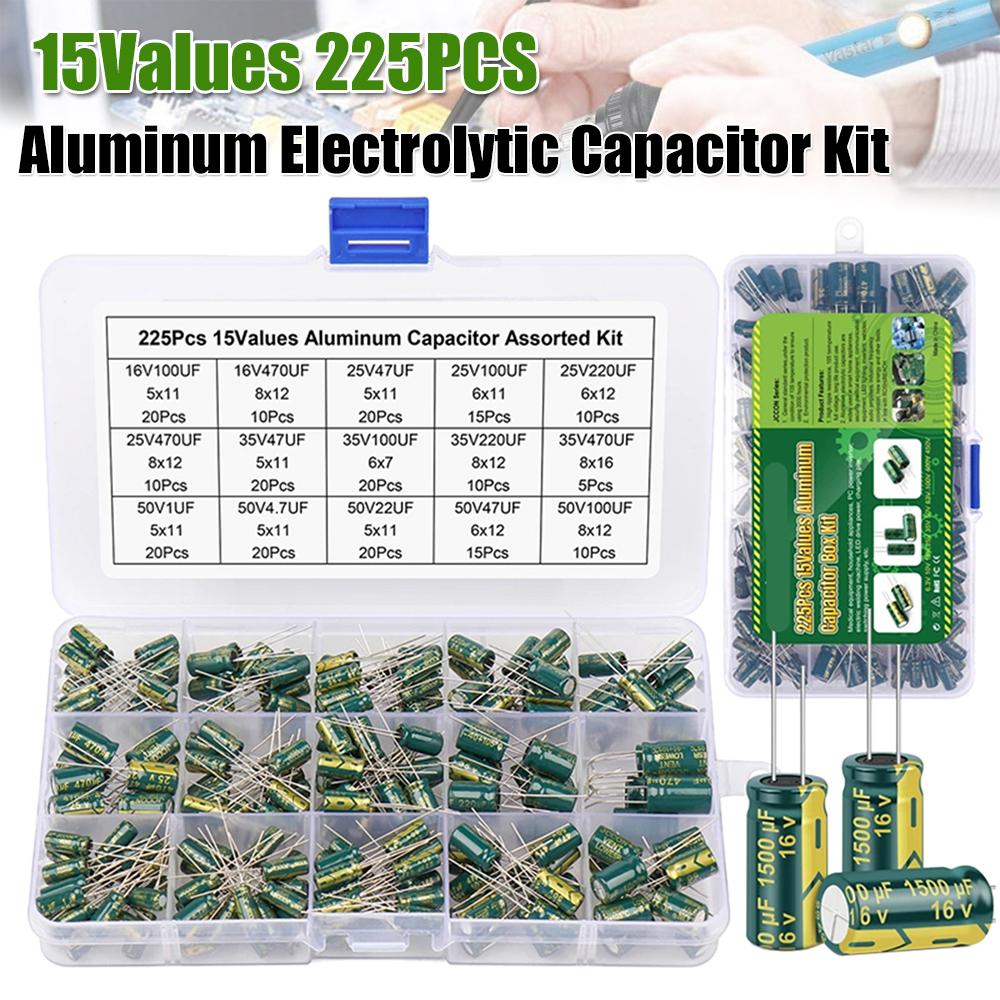 15Values 225PCS Variable Capacitors Assorted Kit High Frequency Low ESR Aluminum Capacitors Set with Storage Box